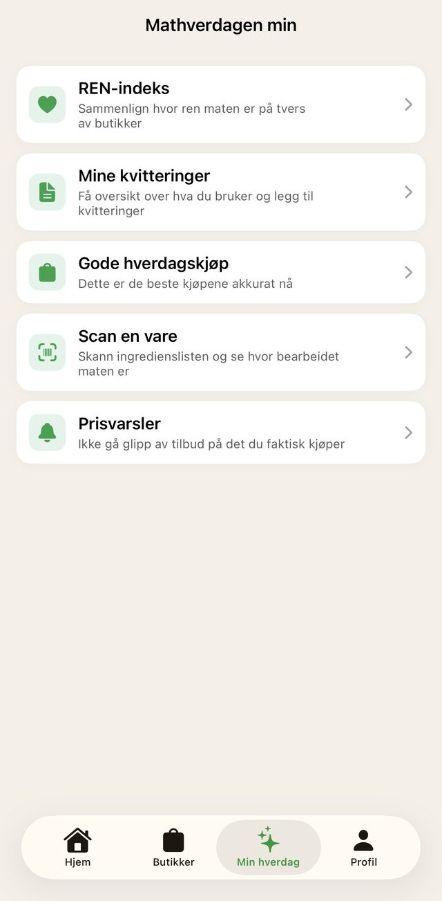 Mathverdagen min i appen, med REN-indeks, mine kvitteringer, gode hverdagskjøp og skann en vare