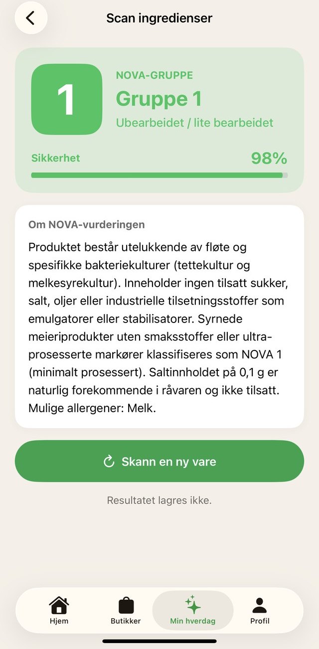 Resultatet av en skanning: NOVA-gruppe 1, ubearbeidet eller lite bearbeidet, med begrunnelse og sikkerhetsgrad