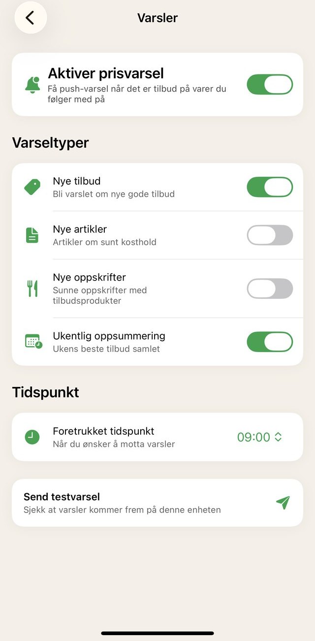Varselinnstillinger i appen: aktiver prisvarsel, velg varseltyper og foretrukket tidspunkt for varsler