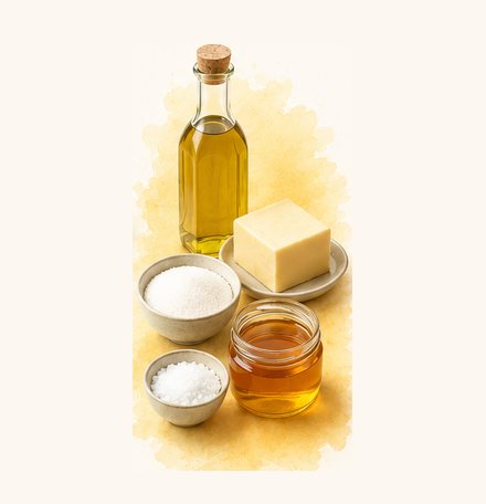 Olivenolje, smør, sukker, salt og honning