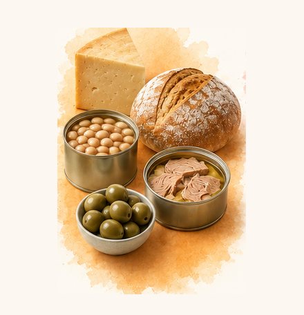Ost, brød, hermetiske kikerter, tunfisk på boks og oliven