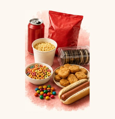 Brus, potetgull, nudler i beger, kjeks, frokostblanding, smågodt, nuggets og pølse i brød
